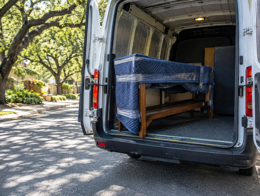 A blanket-wrapped solid wood console table loaded into a delivery van on a Texas street