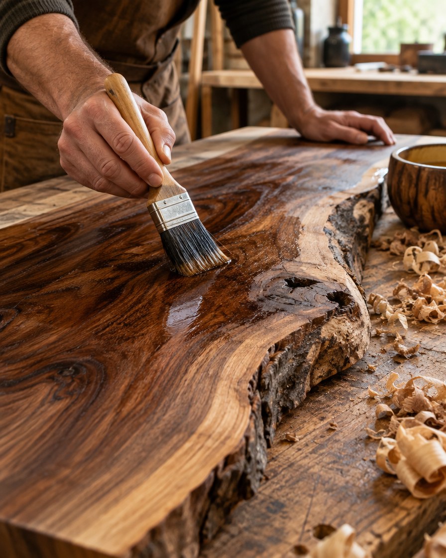 Hands brushing oil finish onto a live-edge walnut slab