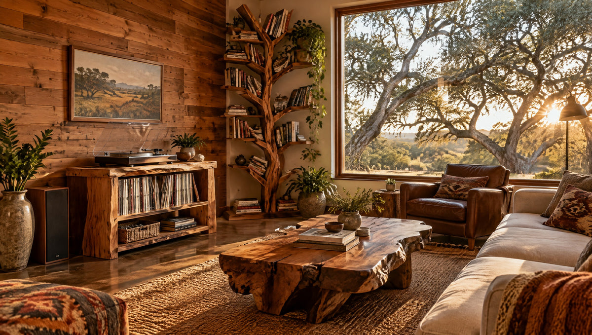 A Central Texas living room with a solid wood record stand, a live-edge coffee table and a tree bookshelf